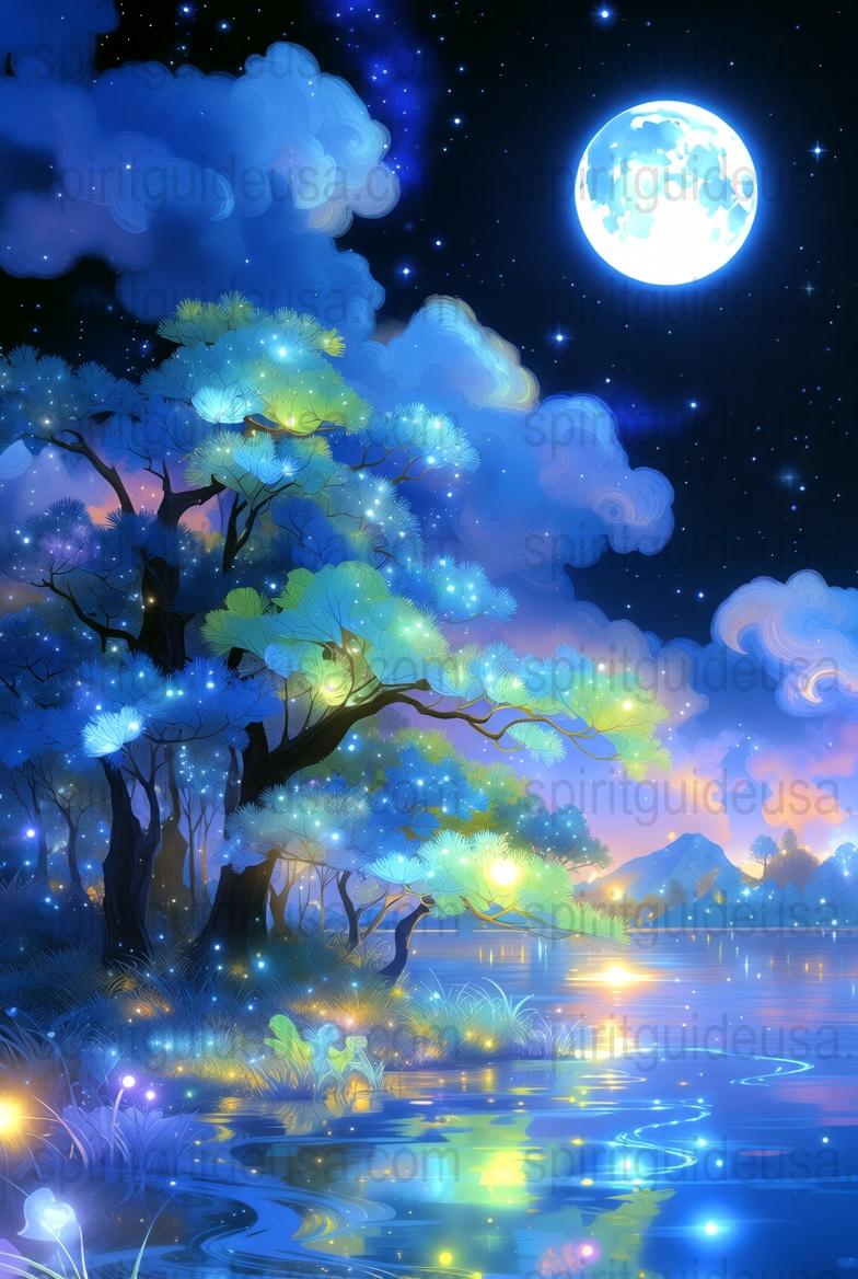Enchanted Forest Night Scene Art Print, Moonlit Trees and Reflective Lake, Dreamy Landscape Poster, Fantasy Wall Decor