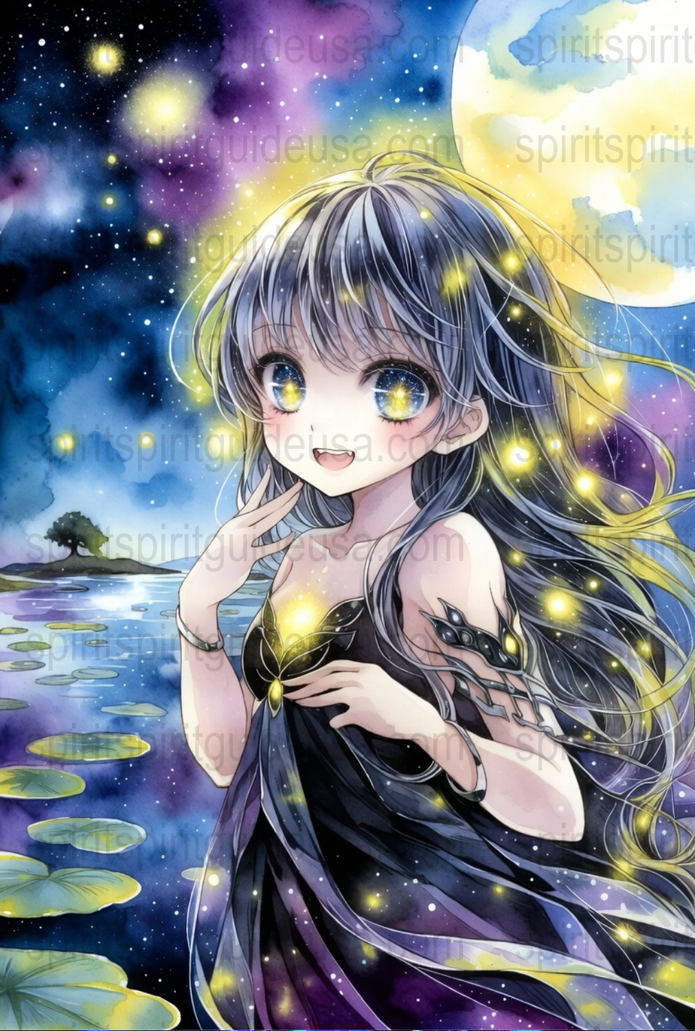 Anime Fantasy Art Print, Starry Night Sky, Magical Girl Illustration, Ethereal Blue-Eyes Poster, Home Decor Wall Art