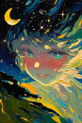 Colorful Anime Style Art Print, Moonlit Night Fantasy Illustration, Cosmic Girl Wall Decor