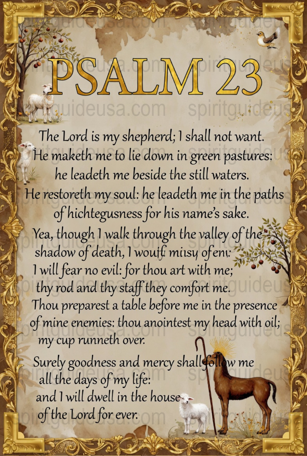 Psalm 23 Illustrated Poster, Christian Wall Art, Vintage Style Scripture Decoration, Religious Gift