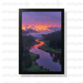 Vibrant Sunset Landscape Poster, Mountain River Reflection Wall Art Decor, Nature Scenery Print