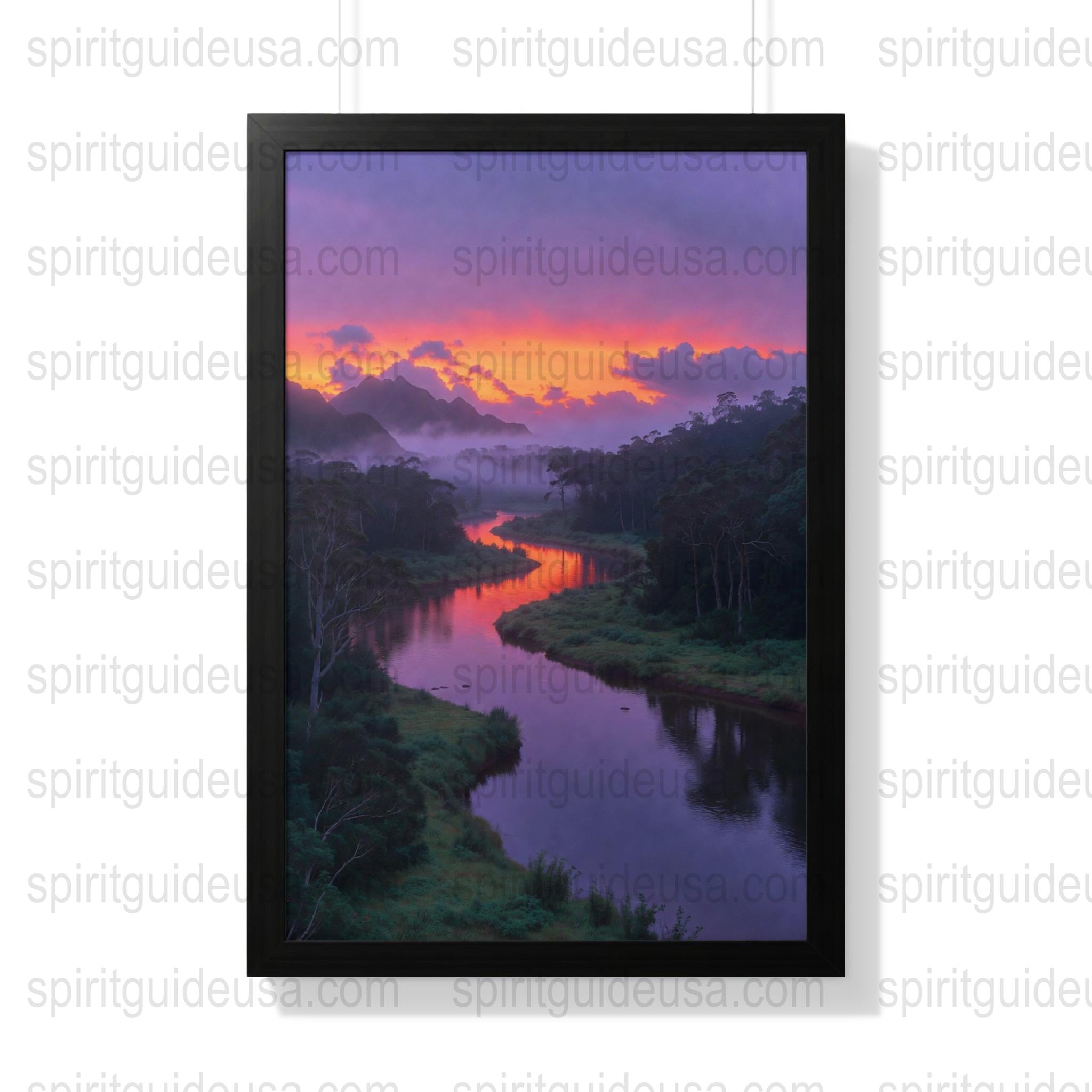 Vibrant Sunset Landscape Poster, Mountain River Reflection Wall Art Decor, Nature Scenery Print