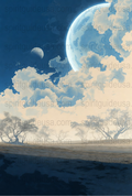 Surreal Fantasy Landscape Poster, Large Blue Planets, Dreamy Sky, Sci-Fi Wall Art Decor, Mystical Tree Silhouette Print