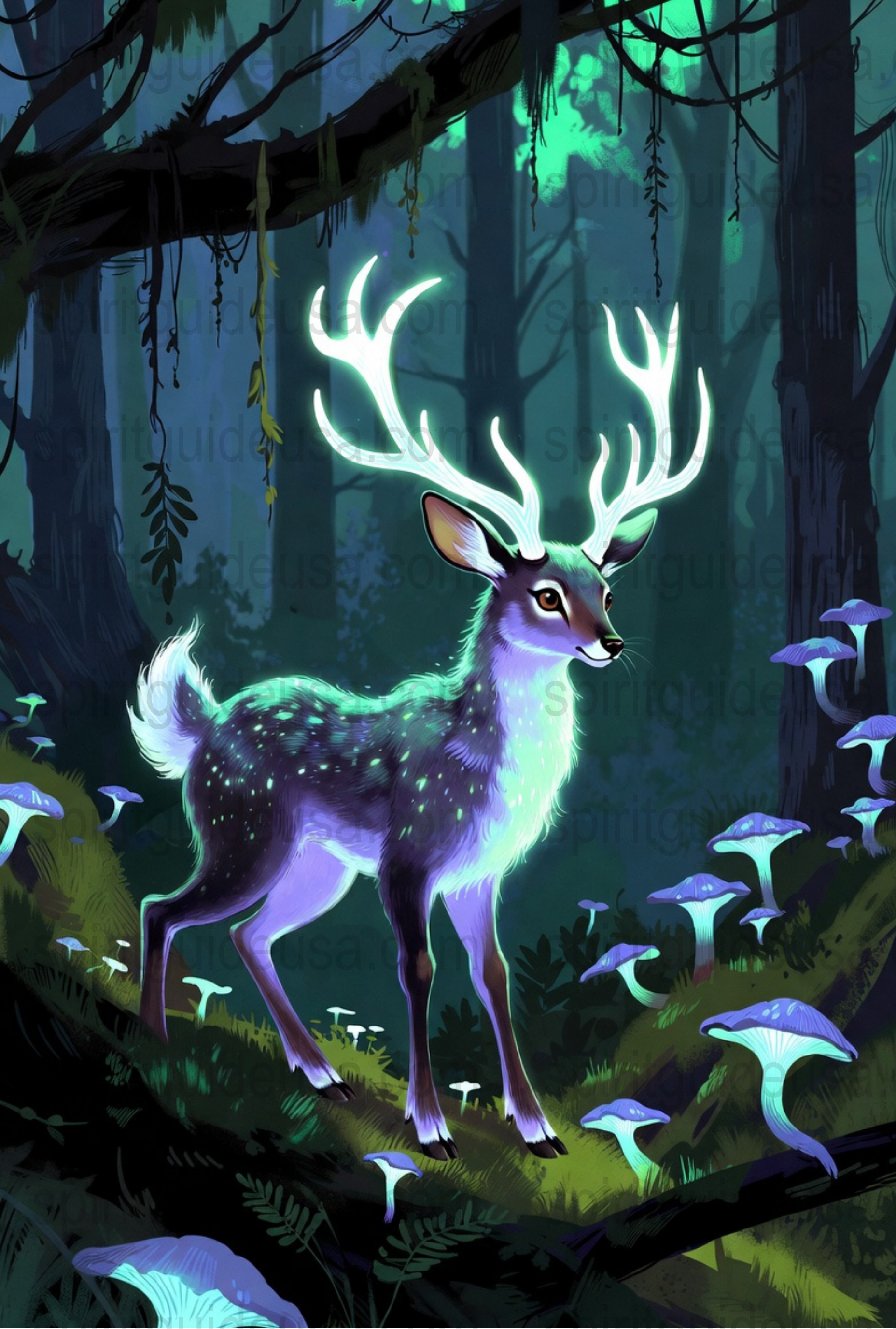 Enchanted Forest Glow Deer Art Print, Mystical Fantasy Wildlife, Nature-Themed Home Decor Poster
