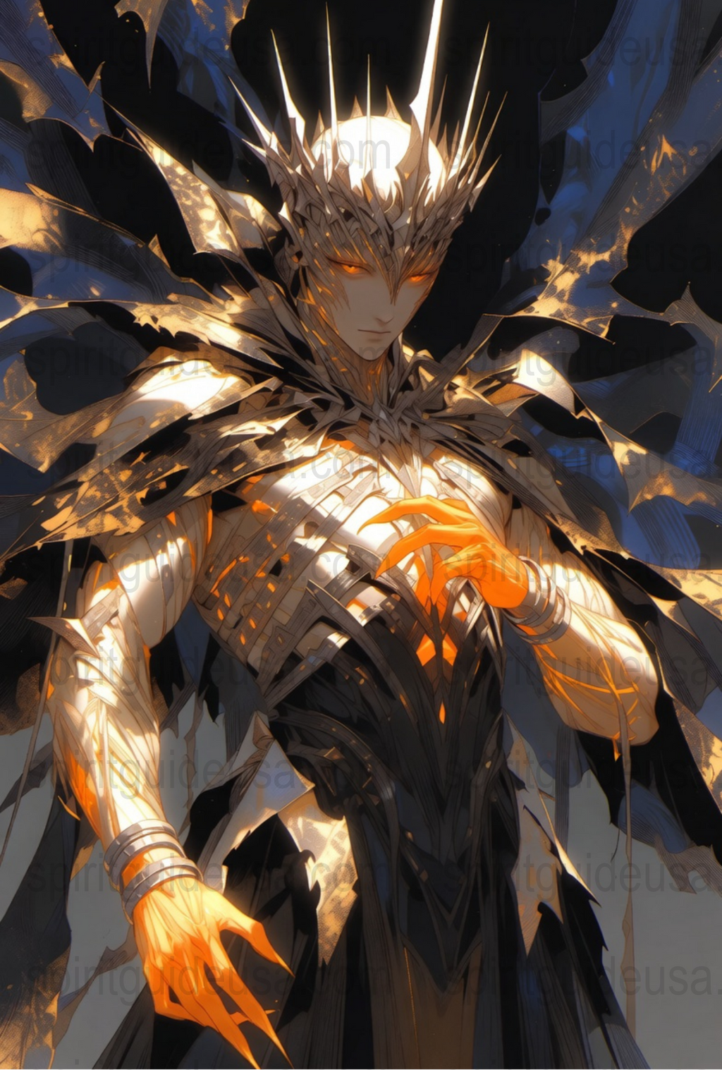 Fantasy Warrior Art Print, Majestic Armor and Glowing Hands, Dark Aesthetic Wall Decor, Unique Digital Illustration Artwork for Collectors