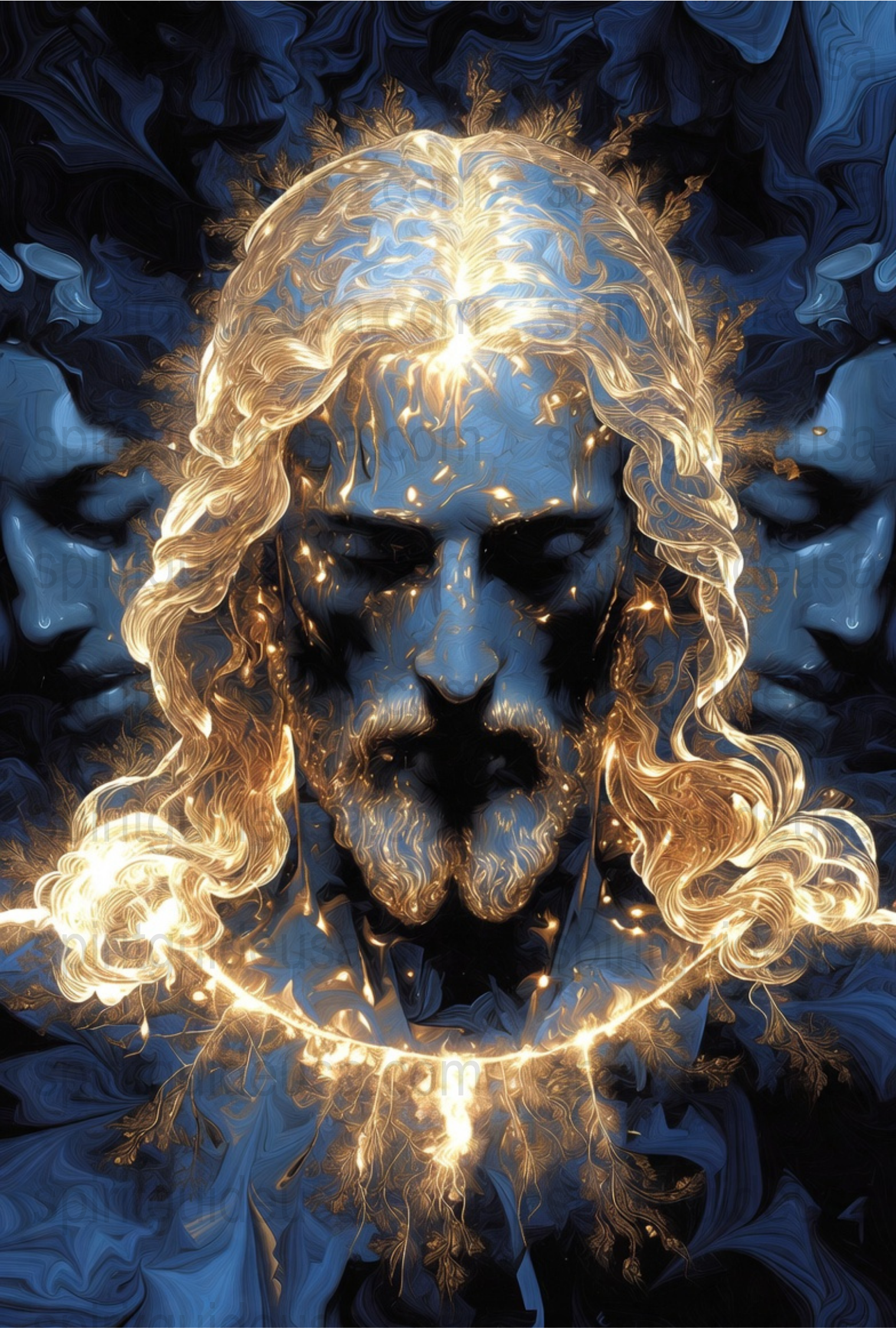 Mystical Glowing Portrait Art Print, Ethereal Angelic Face with Golden Light, Fantasy Wall Decor, Spiritual Poster, Unique Home Decoration