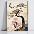 Vintage Moon and Floral Tree Wall Art, Asian Inspired Decorative Canvas Print