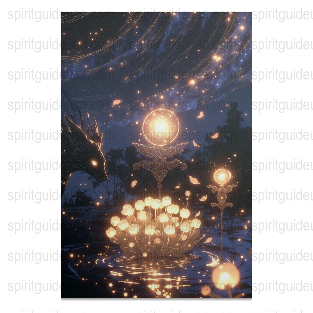 Mystical Dragon and Glowing Lanterns Art Print, Fantasy Night Sky Poster, Enchanted Forest Wall Decor, Magical Home Decoration