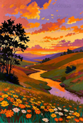 Vibrant Sunset Landscape Painting, River Valley Art Print, Colorful Wall Decor, Nature Inspired Home Decoration