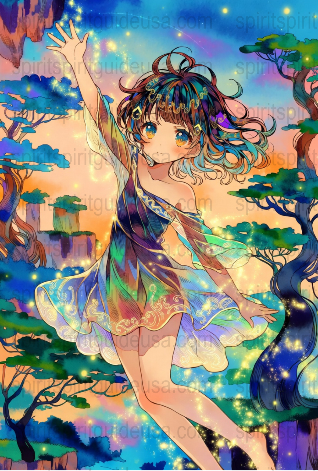 Colorful Anime Art Print, Fantasy Anime Girl Poster, Vibrant Wall Decor, Unique Illustration, Magical Sky Design