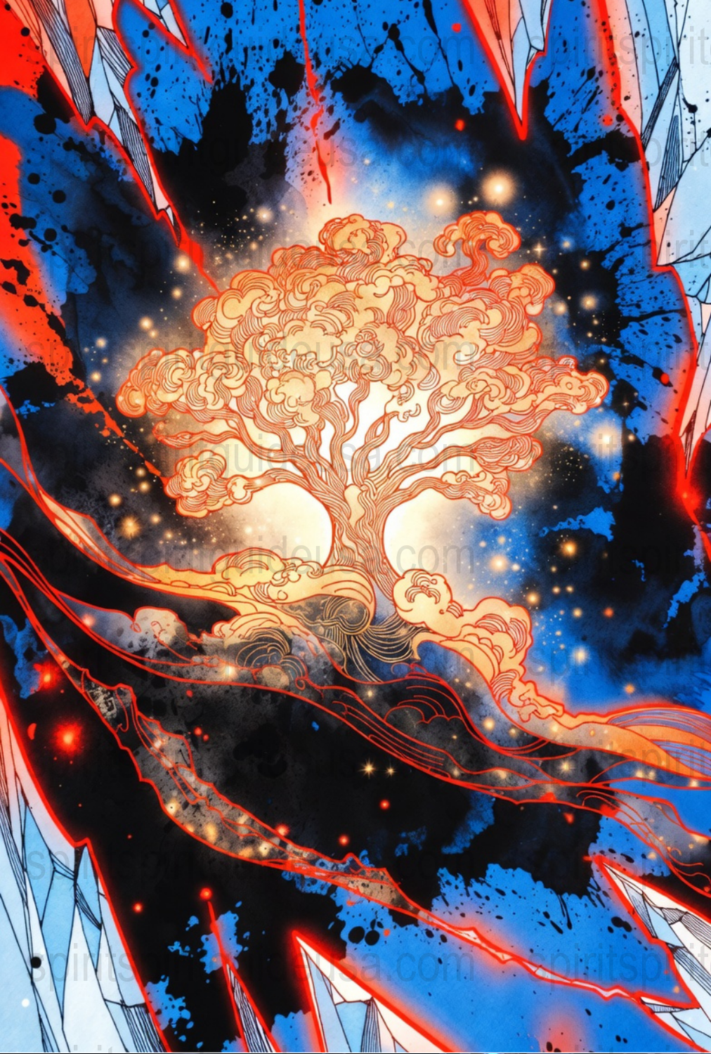Cosmic Tree Art Print, Vibrant Blue Red Space Background, Mystical Celestial Decor, Wall Art