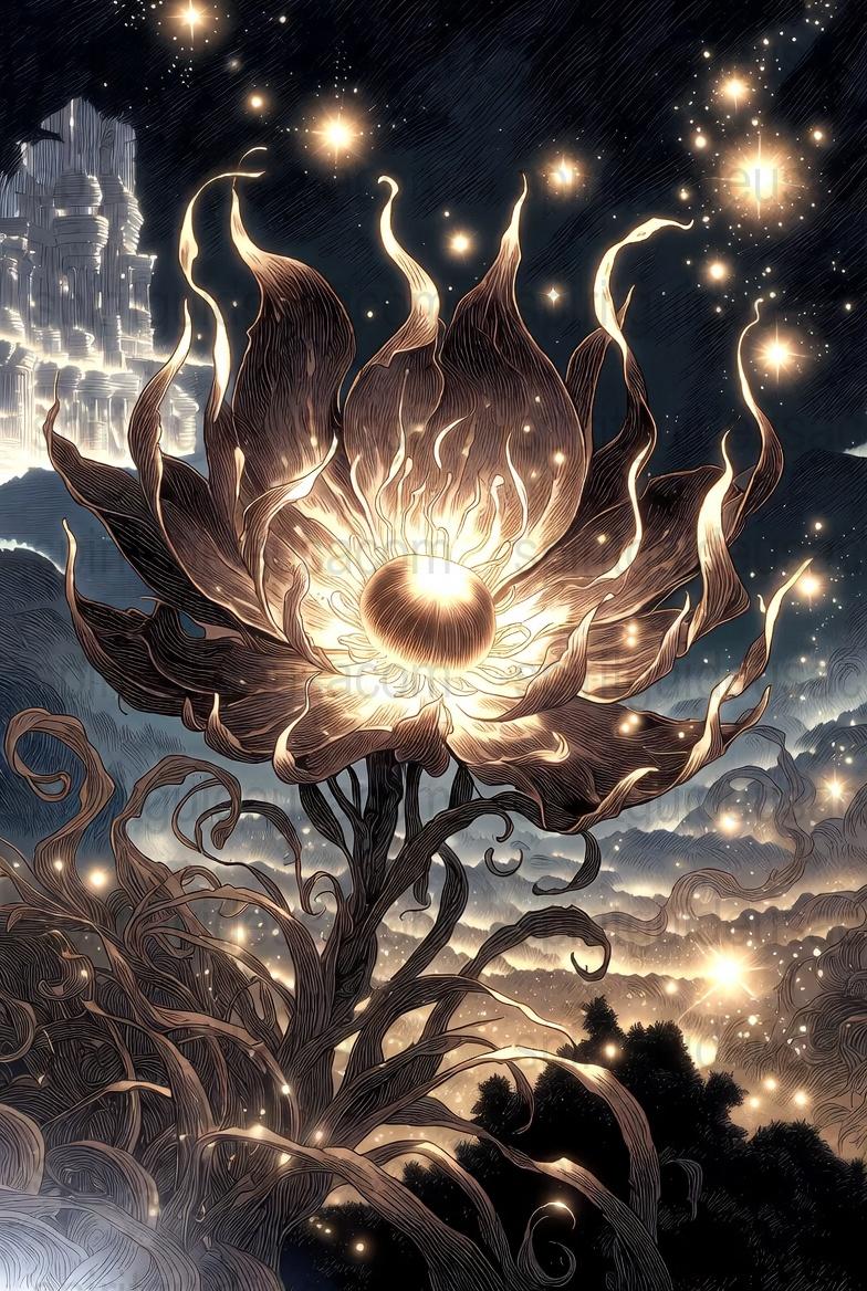 Celestial Flower Art Print, Mystic Night Sky with Glowing Stars, Fantasy Nature Illustration, Wall Decor