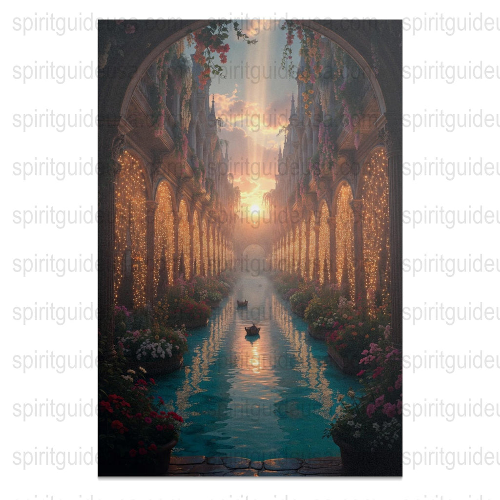 Enchanted Canal Cityscape Art Print, Romantic Sunset Venetian Waterway, Floral Archway Poster, Fantasy Wall Decor, Dreamy Home Artwork
