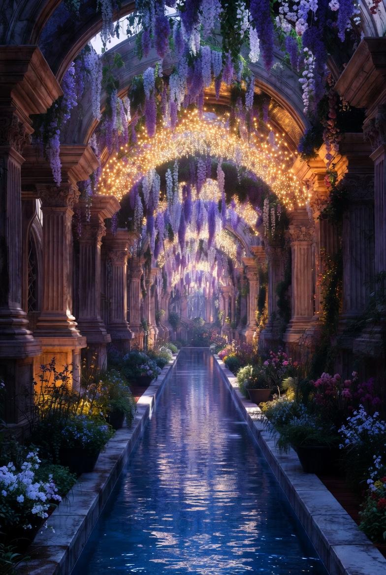 Enchanted Garden Canal Art Print, Floral Archway with Hanging Lights, Fantasy Landscape Poster, Mystical Flower Path Wall Decor