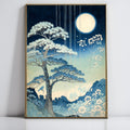 Japanese Style Moonlit Night Art Print, Tranquil Blue Tree and Full Moon Wall Decor, Asian Inspired Home Decoration, Elegant Nature Scene