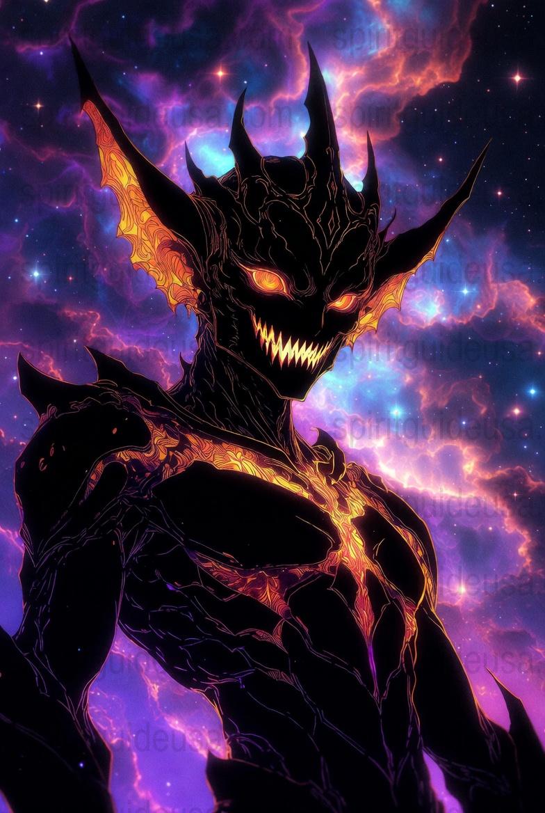 Fantasy Demon Art Poster, Cosmic Horror Wall Decor, Flame Black Dragon, Vibrant Space Stars Illustration, Unique Bedroom Artwork