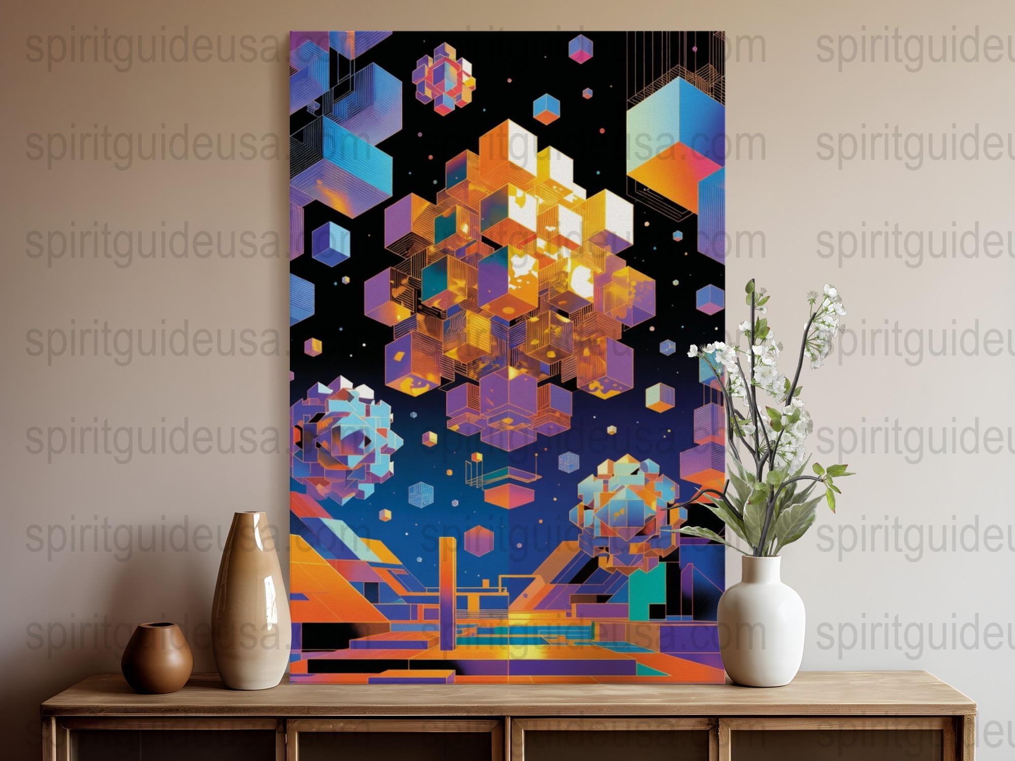 Abstract Geometric Canvas Art Print, Colorful Modern Wall Decor, Large Futuristic Painting, Home Office Decoration