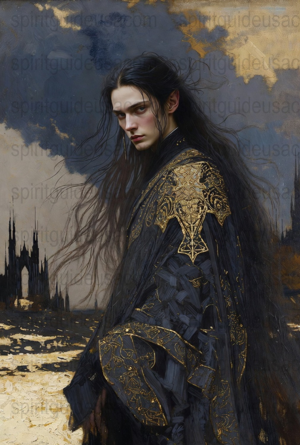 Gothic Fantasy Art Print, Dark Majestic Male Character, Elven Prince Poster, Dramatic Gold Detailing, Wall Decor