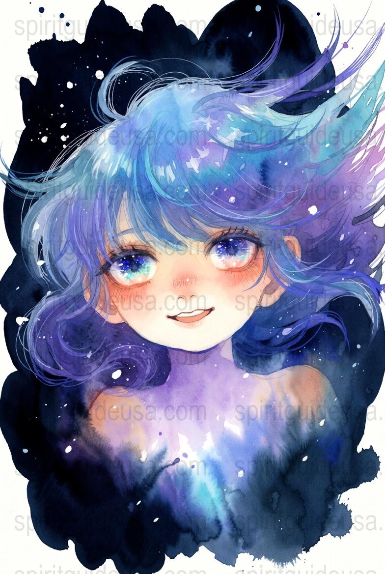 Anime Art Print, Colorful Galaxy Girl Illustration, Blue Hair, Starry Night Inspired Poster, Vibrant Wall Art Decor