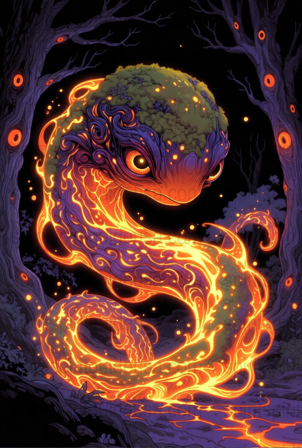 Mystical Fire Dragon Art Print, Fantasy Forest Poster, Vibrant Wall Decor, Unique Mythical Creature Illustration