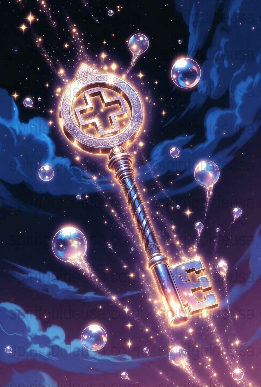 Mystical Celestial Key Art Print, Fantasy Cosmic Stars and Bubbles Poster, Magic Key Wall Decor, Spiritual Galaxy Illustration