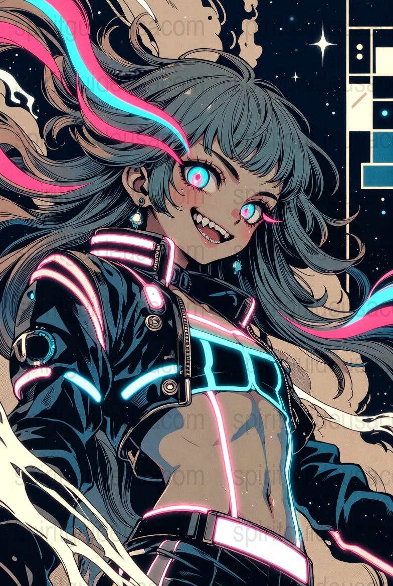 Cyberpunk Anime Girl Art Print, Futuristic Space Illustration, Neon Glow Poster, Unique Wall Decor, Sci-Fi Character Design, Collectible