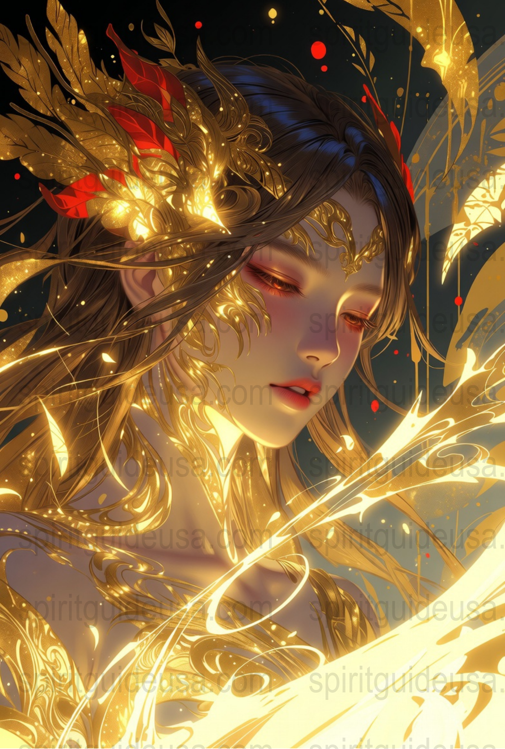 Ethereal Fantasy Elf Art Print, Golden Light Embellished, Mystical Wall Decor, Collector's Edition Fine Art