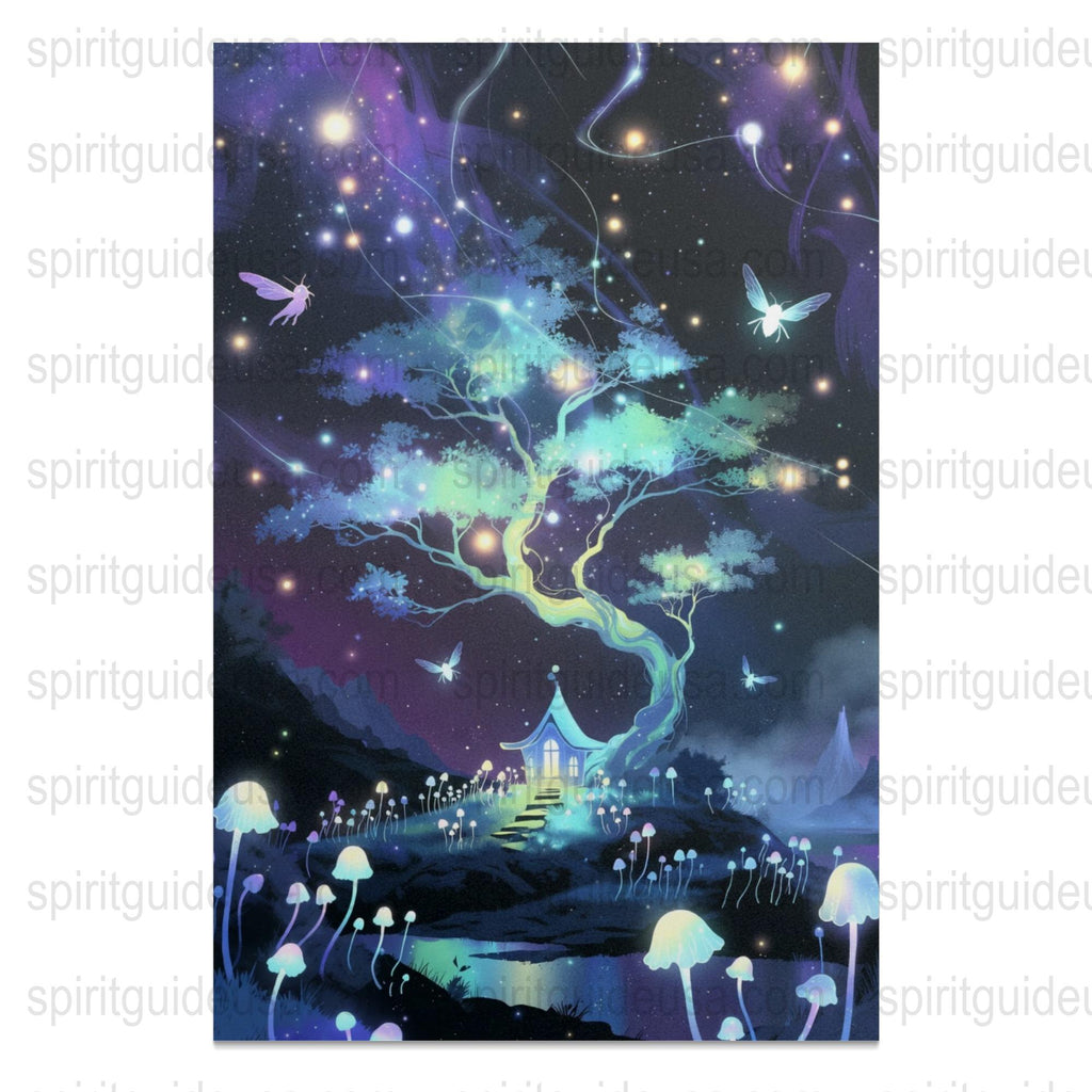 Enchanted Forest Night Sky Art Print, Mystical Tree with Lanterns, Fantasy Landscape Poster, Magical Home Decor Wall Art