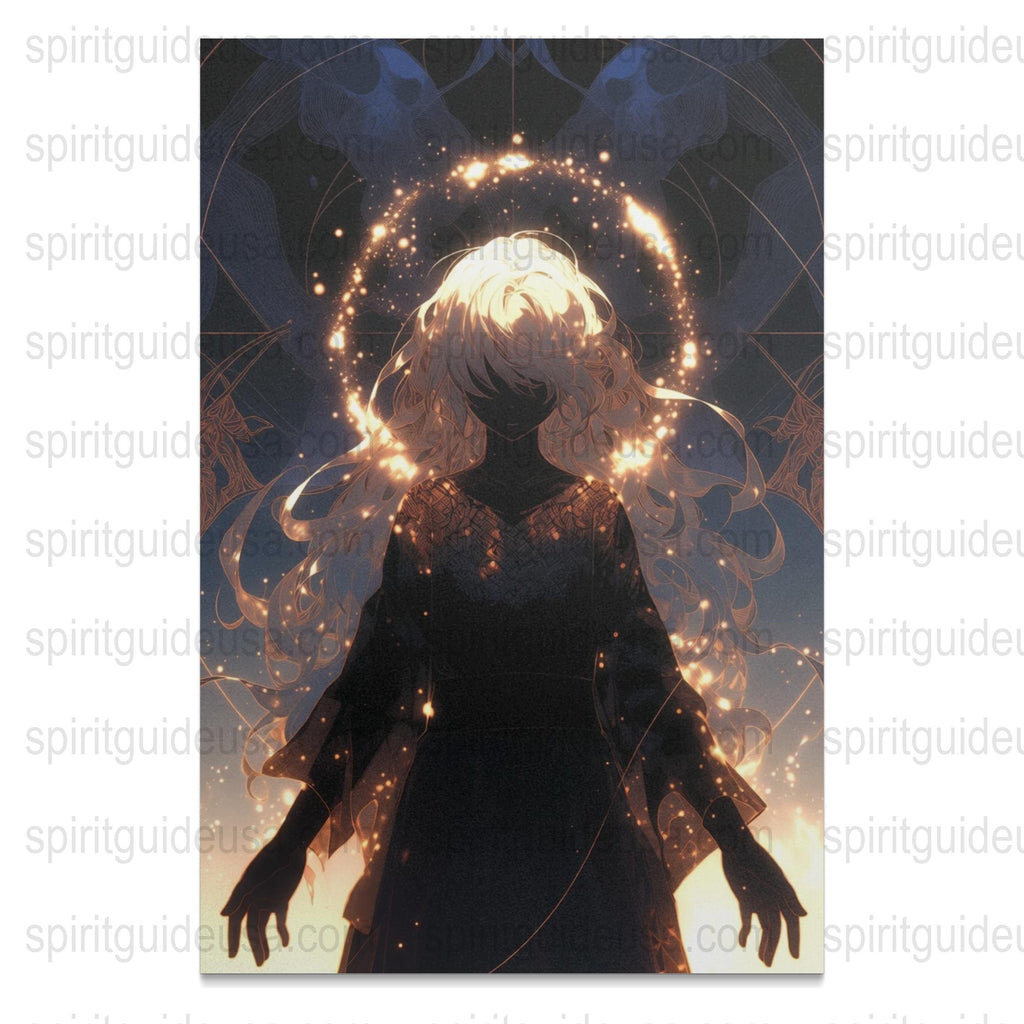 Mystical Anime Art Poster, Blonde Character, Ethereal Glow, Celestial Background, Fantasy Wall Decor