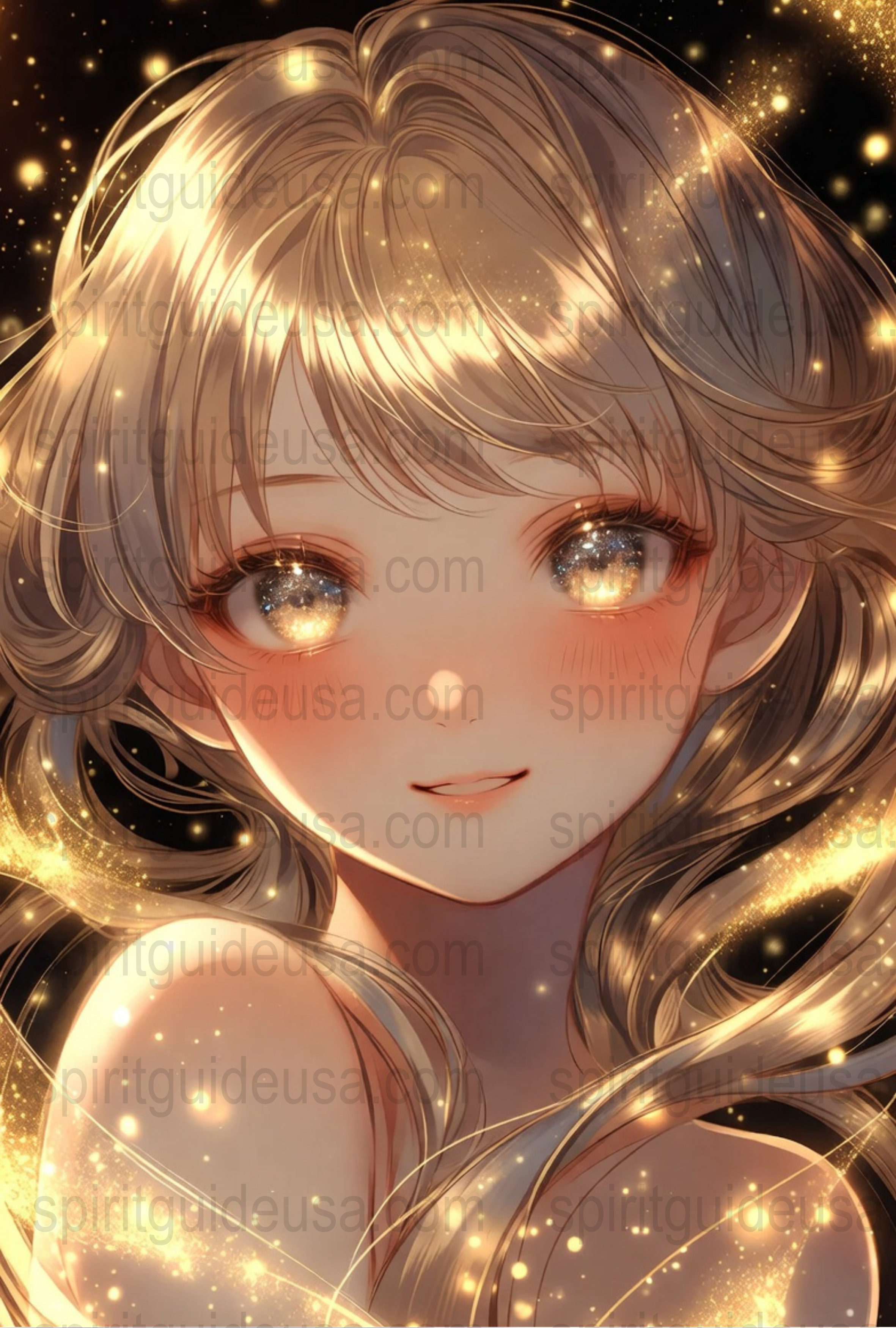 Anime Art Print, Sparkling Eyes, Golden Glitter, Fantasy Wall Decor, Manga Style Poster, Magical Girl Illustration, Home Decor