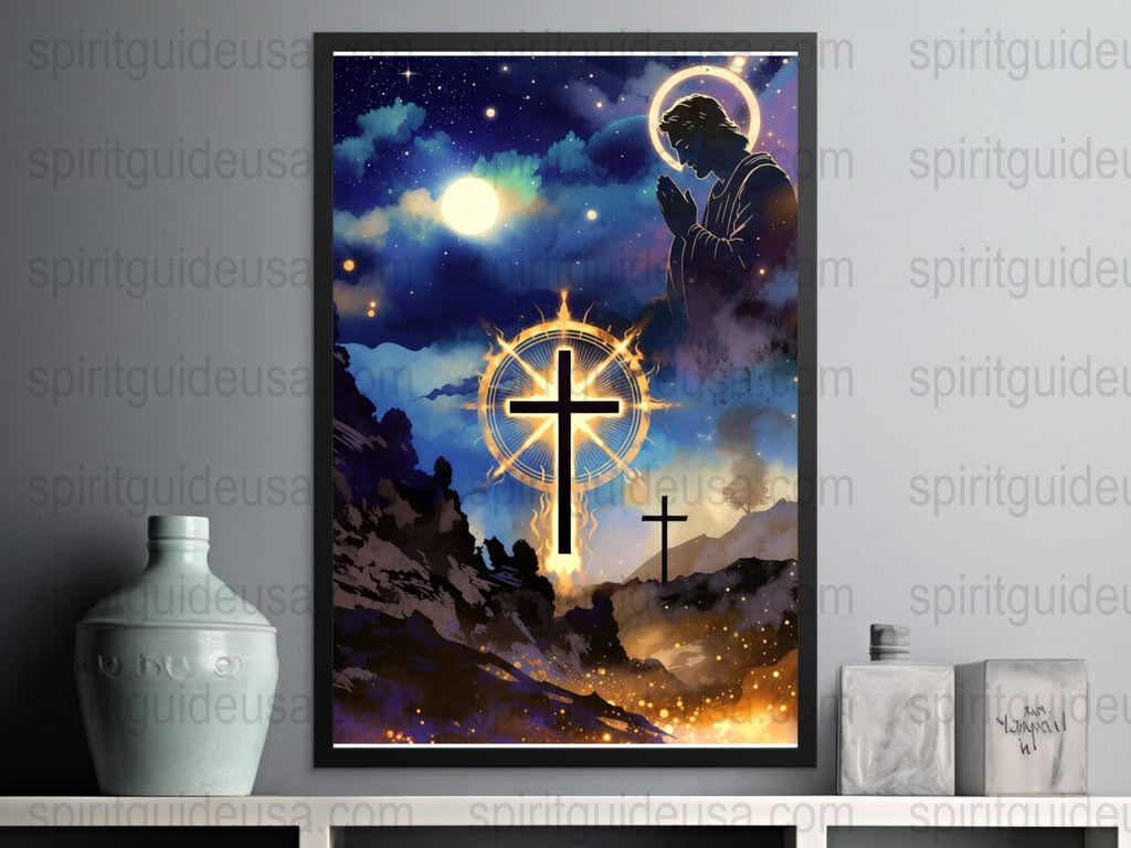Religious Art Print Poster, Spiritual Christian Decor, Saint and Cross Under Starry Night Sky, Wall Art for Home