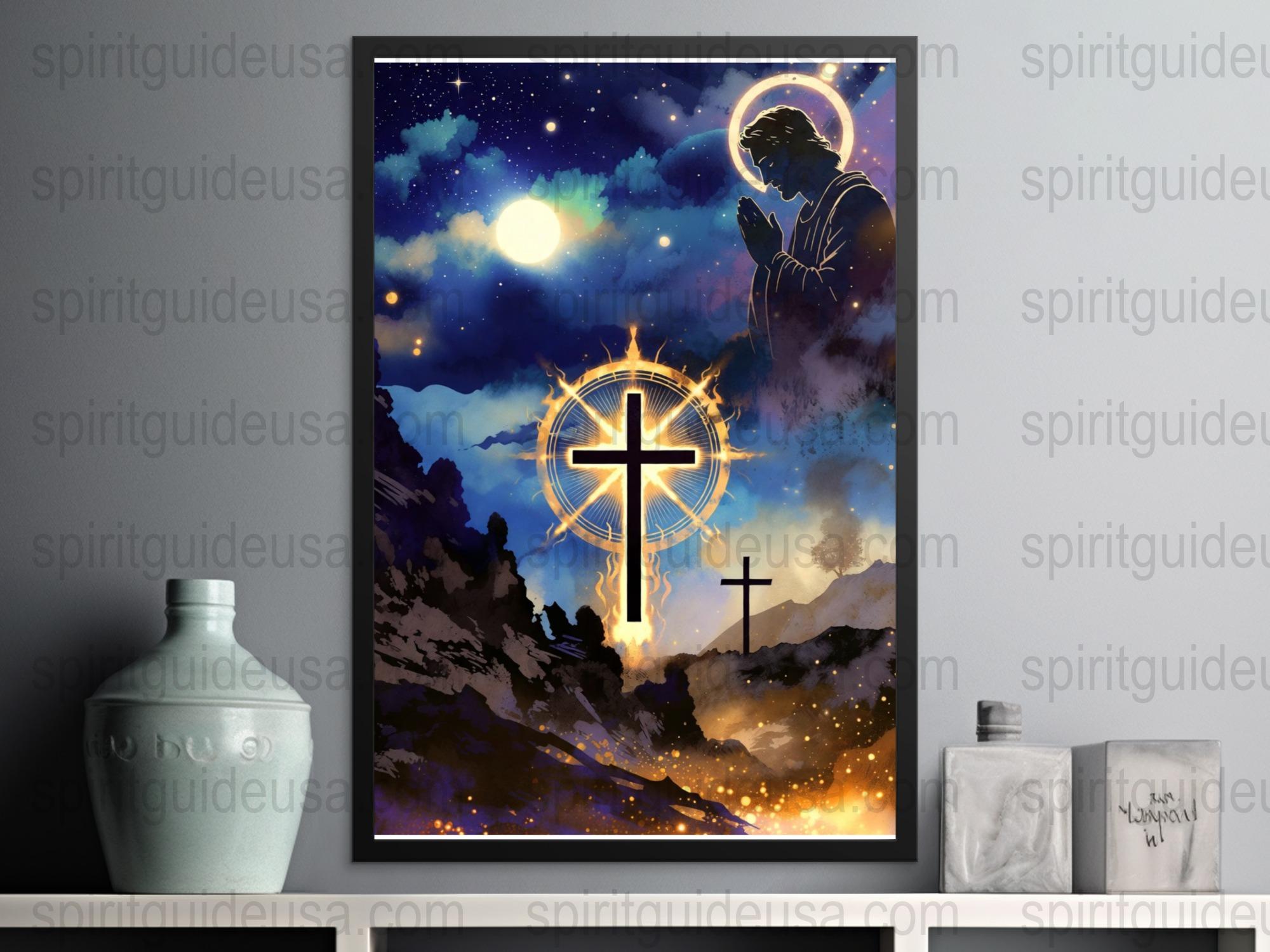 Religious Art Print Poster, Spiritual Christian Decor, Saint and Cross Under Starry Night Sky, Wall Art for Home