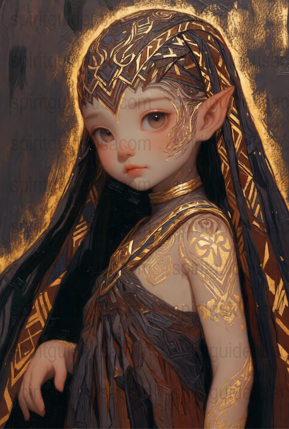 Elven Princess Art Print, Fantasy Elf Portrait, Gold Accents, Mystical Wall Decor, Magical Creature Illustration, Home Decoration
