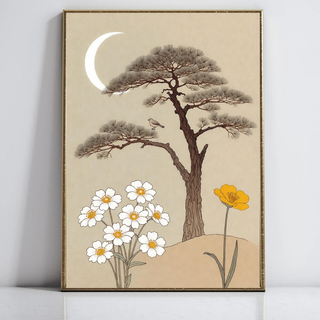 Vintage Style Moonlit Pine Tree and Wildflowers Art Print, Rustic Wall Decor, Nature Inspired Home Decoration