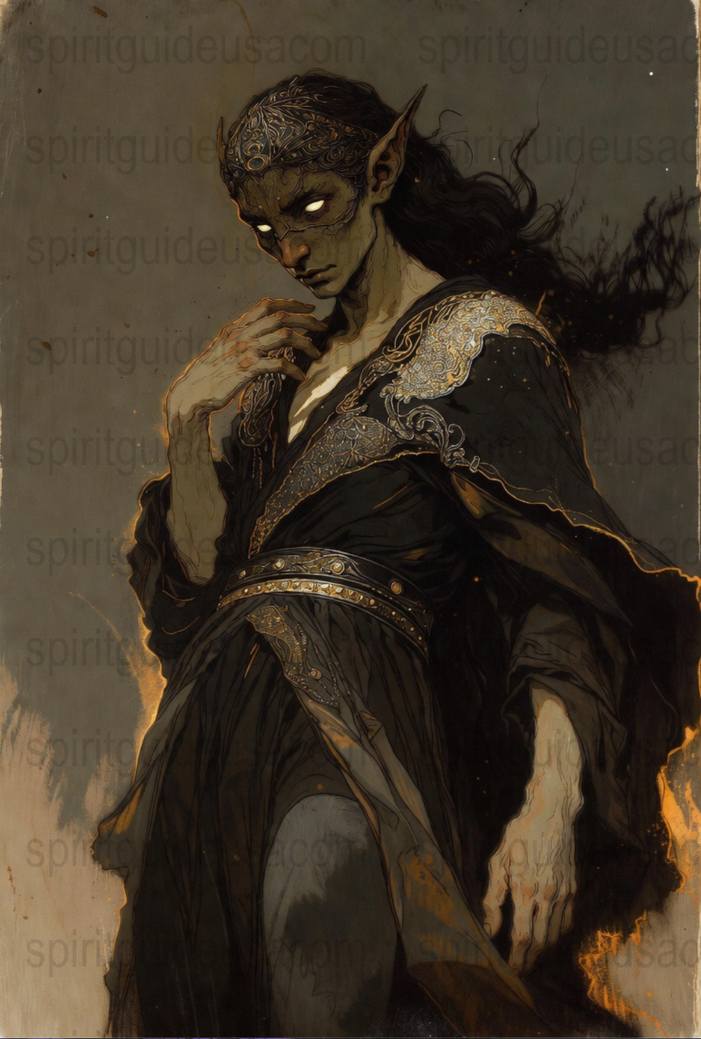 Dark Fantasy Elf Art Print, Mystical Gothic Elven Warrior, Enchanted Forest Decor, Fire Element, Gold and Black Illustration