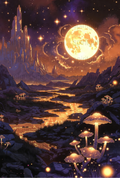 Fantasy Landscape Art Print, Moonlit Night, Glowing Mushrooms, Mystical River, Wall Decor