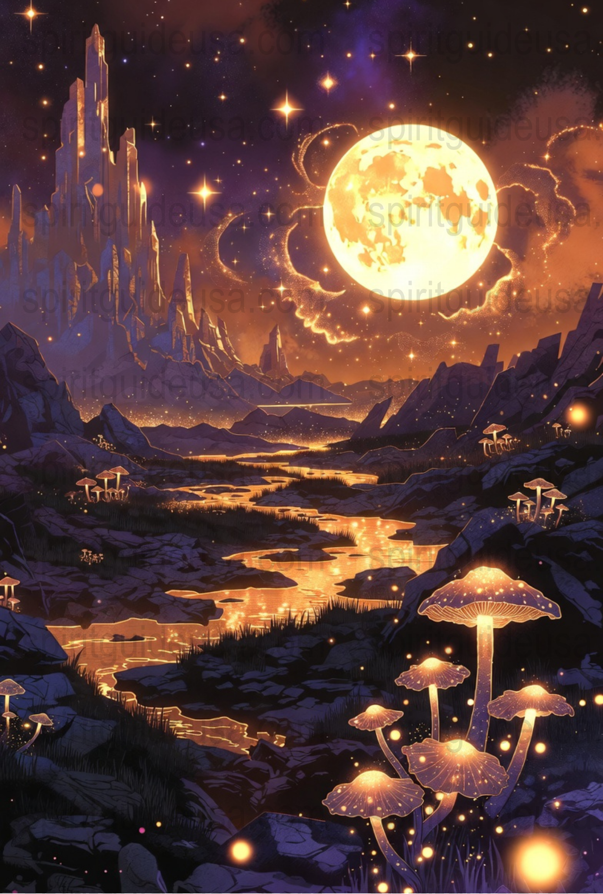 Fantasy Landscape Art Print, Moonlit Night, Glowing Mushrooms, Mystical River, Wall Decor