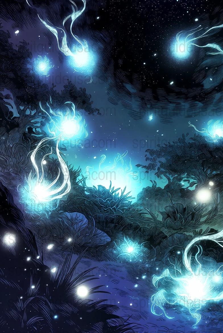 Enchanted Forest Night Sky Glow Spirits Fantasy Art Print Poster, Celestial Blue Wall Decor