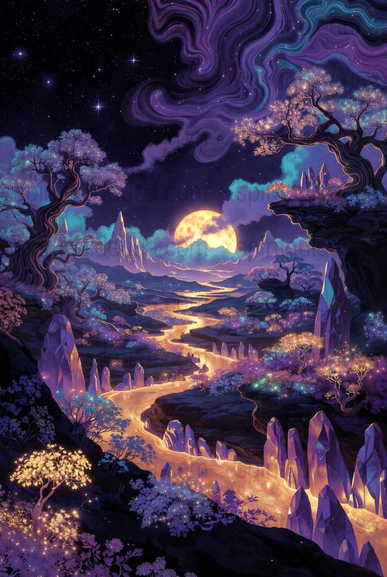 Enchanted Forest Night Sky Wall Art, Fantasy Moon Landscape Poster, Mystical Nature Print, Vibrant Home Decor