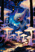 Fantasy Forest Art Print, Alien Creature Poster, Enchanted Woods Mushrooms, Starry Night Sky Decor