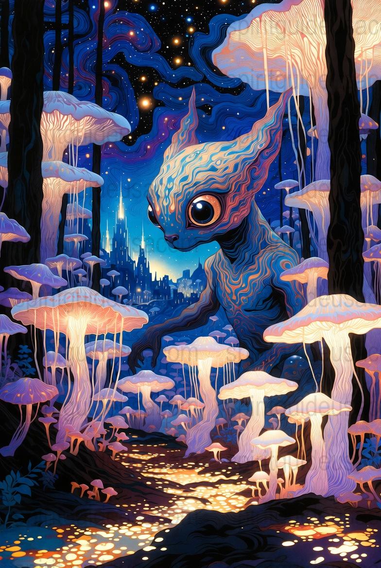 Fantasy Forest Art Print, Alien Creature Poster, Enchanted Woods Mushrooms, Starry Night Sky Decor