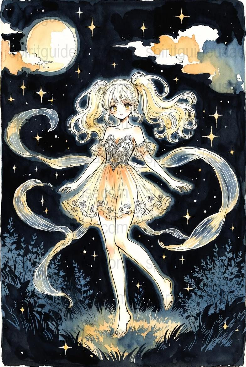 Moonlit Night Fantasy Art Print, Celestial Stars, Whimsical Girl Illustration, Dark Blue Wall Decor