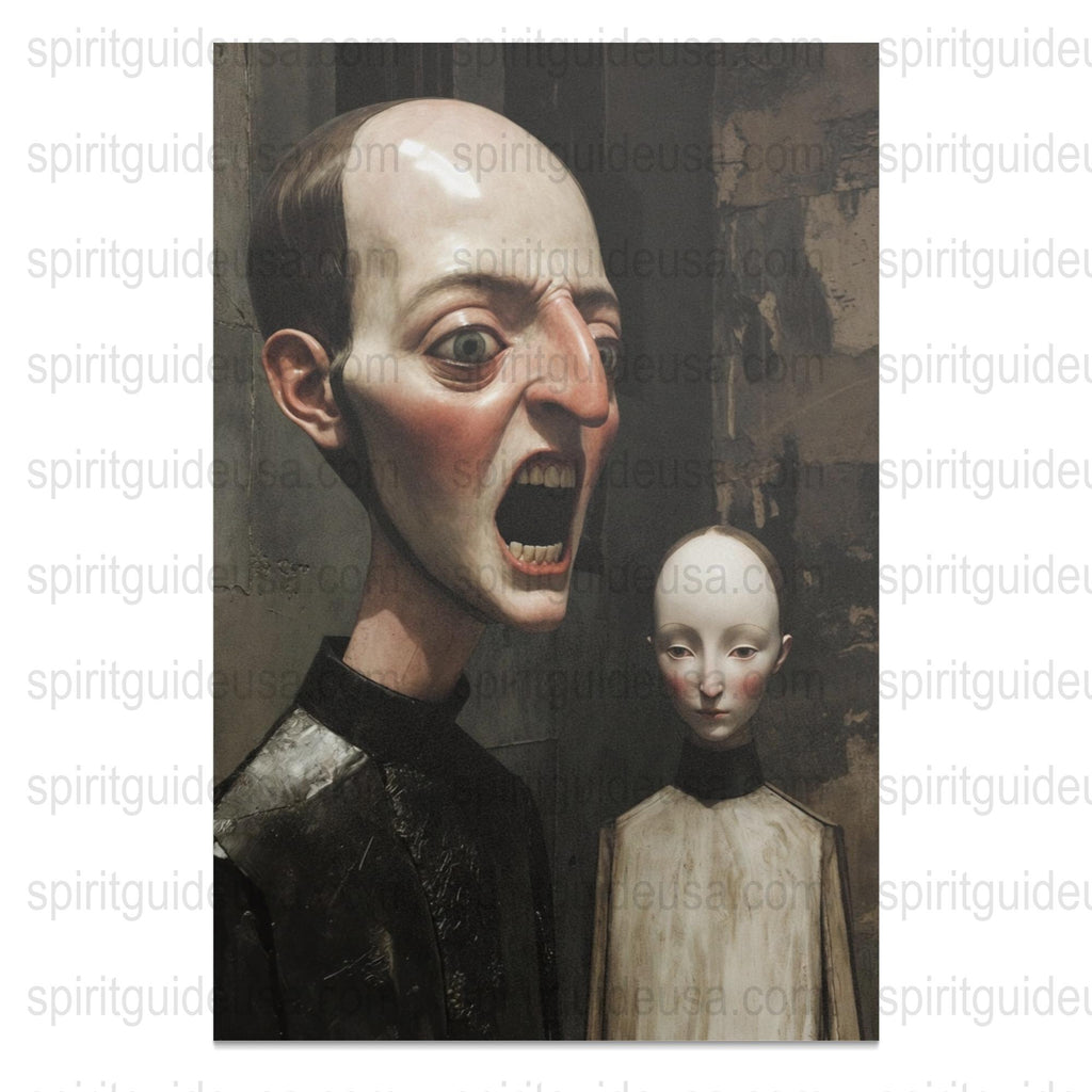 Surreal Art Print, Creepy Portrait Poster, Man Yelling, Doll Figure, Dark Unique Wall Art, Collector's Item, Gothic Decor
