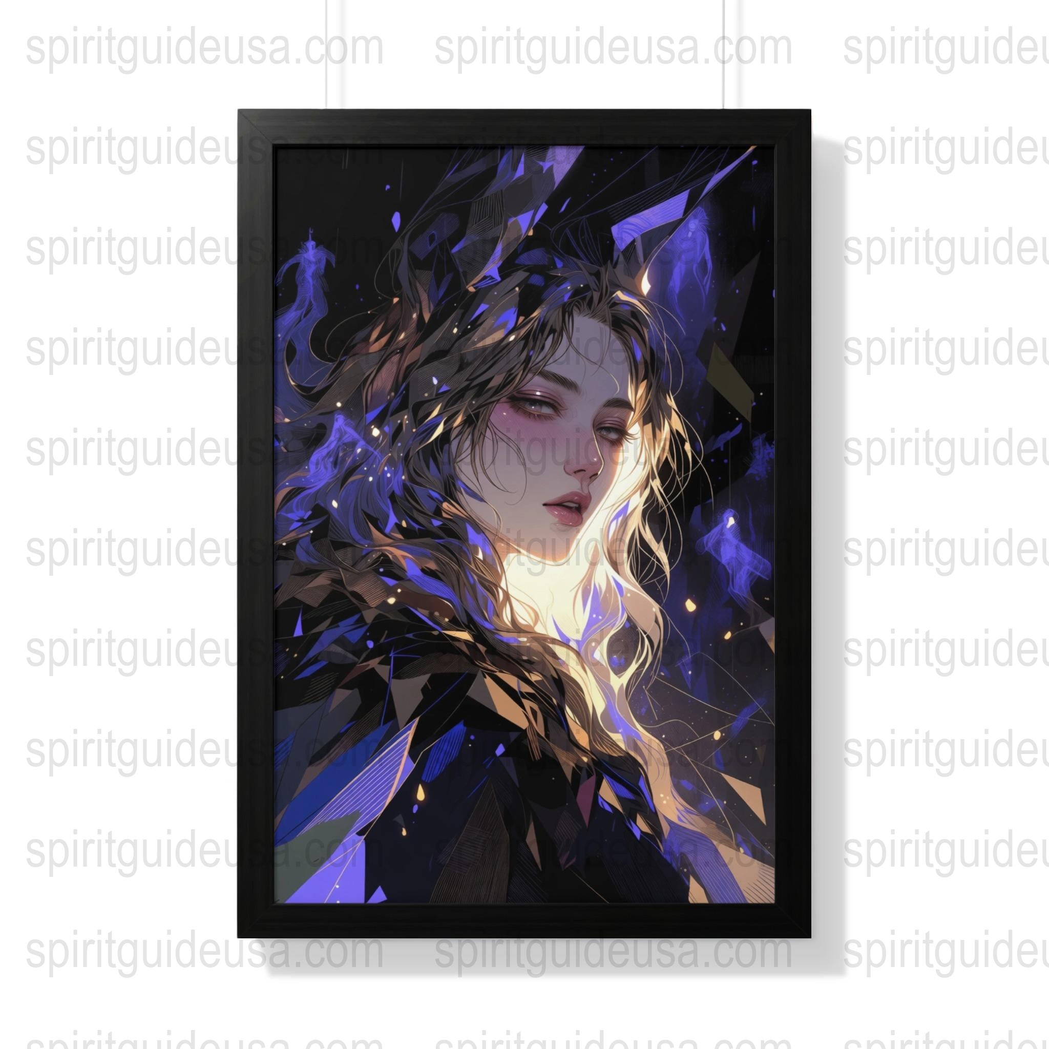 Mystical Witch Art Print, Fantasy Witch Portrait, Blue Magic Flames, Dark Witch Wall Decor, Enchanted Witch Poster, Modern Magical Art