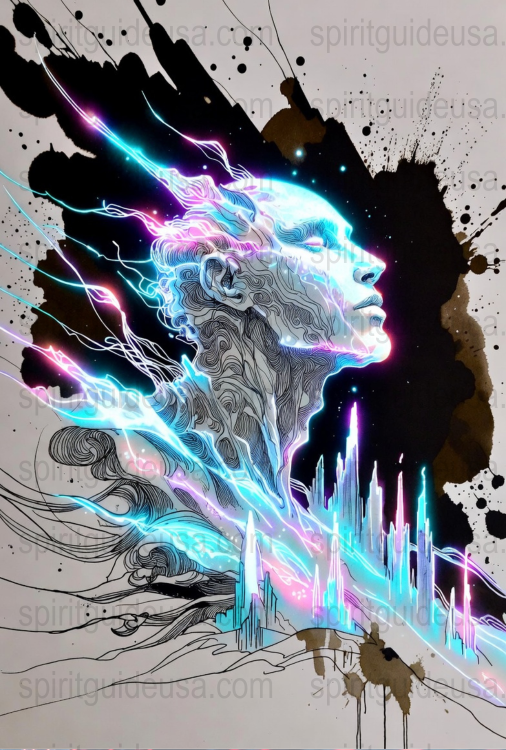 Psychedelic Neon Portrait Wall Art, Abstract Cosmic Face Print, Modern Spiritual Decor, Colorful Energy Art Poster for Home