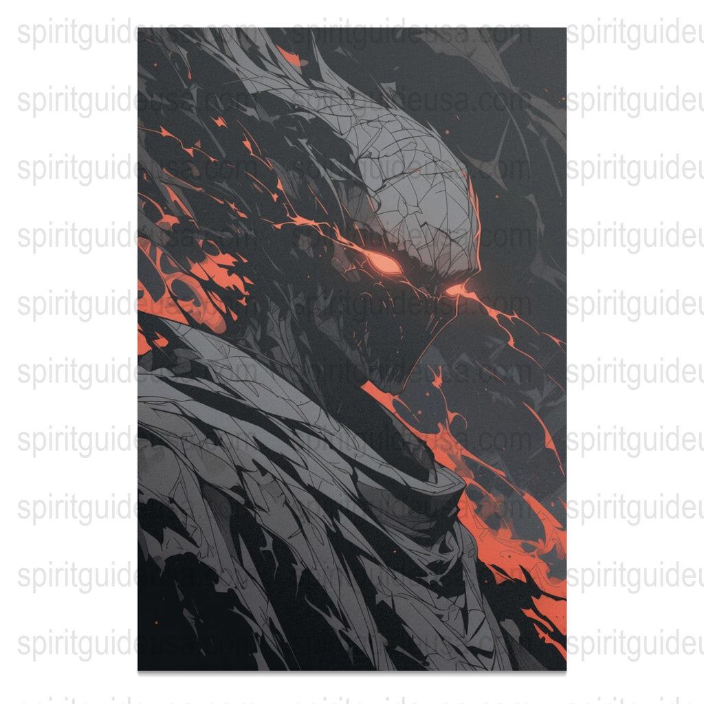 Dark Fantasy Art Print, Mysterious Warrior Poster, Red Glowing Eyes, Monochrome Wall Decor, Unique Graphic Illustration, Home Art