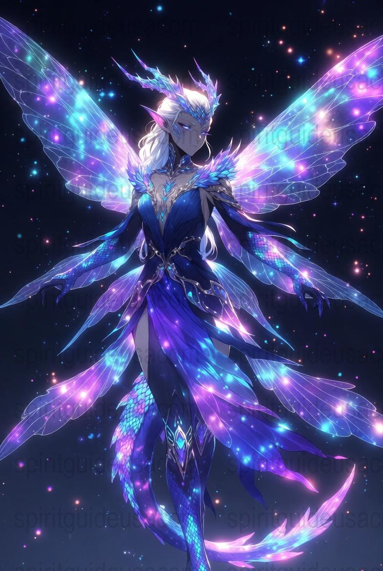 Enchanted Elf Fantasy Art Print, Cosmic Fairy with Iridescent Wings, Magical Mystical Wall Decor, Ethereal Space-Themed Poster