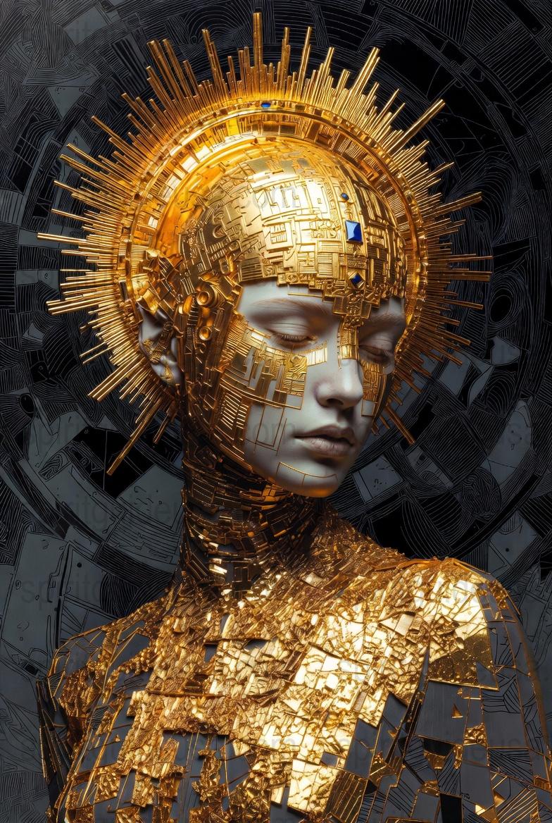 Futuristic Gold Robot Head Art Print, Sci-Fi Cyberpunk Wall Decor, Metallic Android Poster, Modern Home Office Decoration, Unique Gift Idea