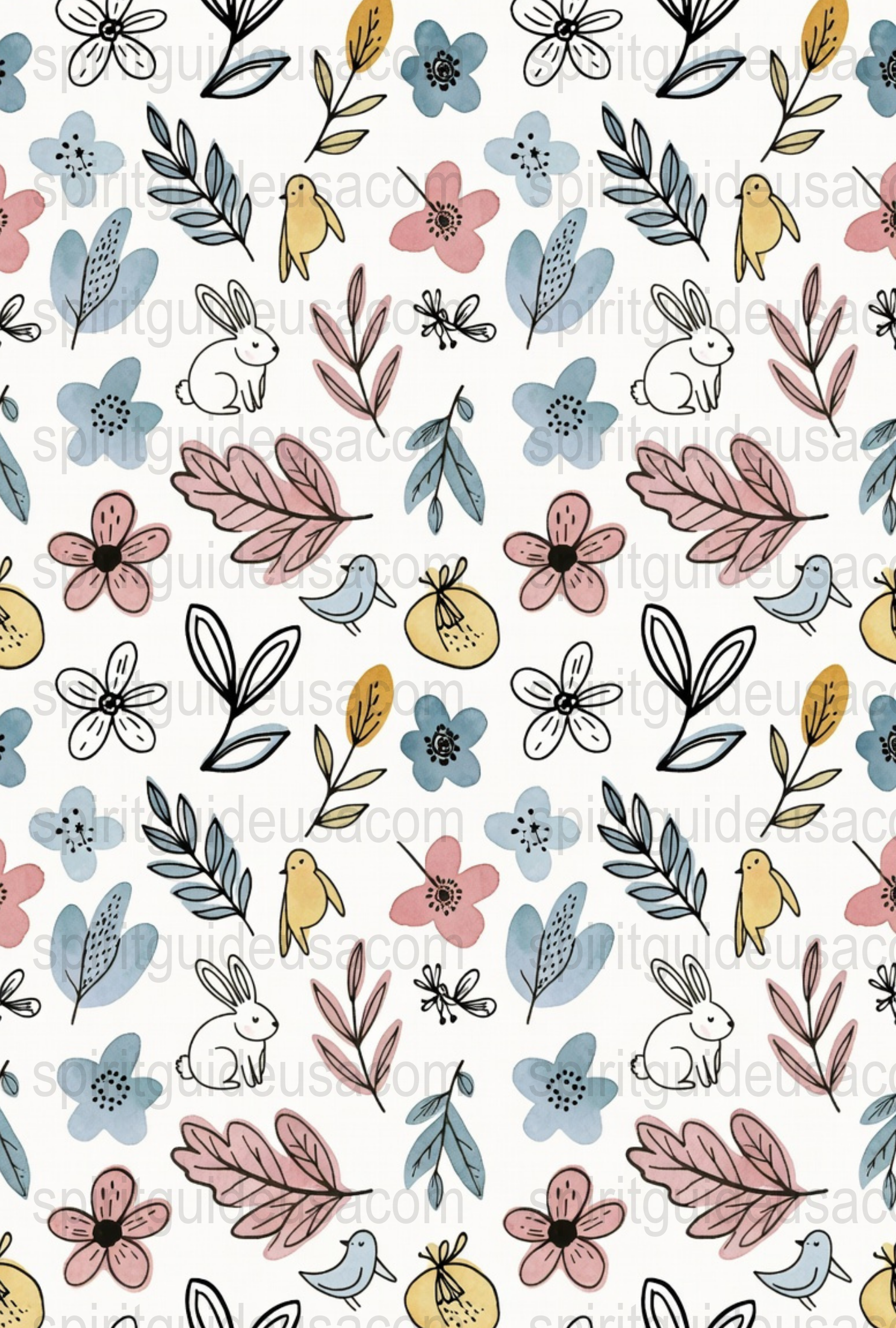 Bunny and Floral Pattern Fabric, Spring Rabbit Print Cotton Material for Crafting and Quilting, Pastel Colors