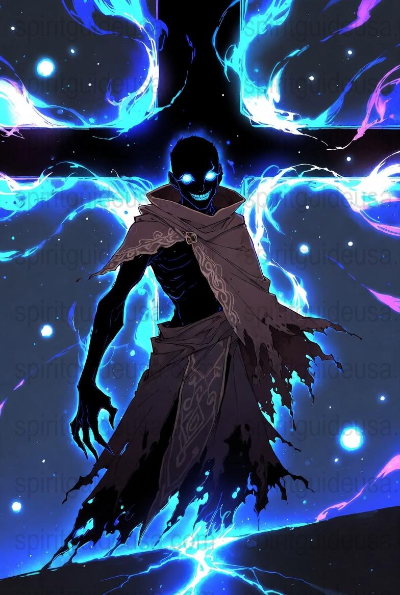 Mystical Dark Fantasy Poster, Cool Spectral Figure with Blue Flames, Vibrant Wall Art Decor for Gamers and Fantasy Lovers